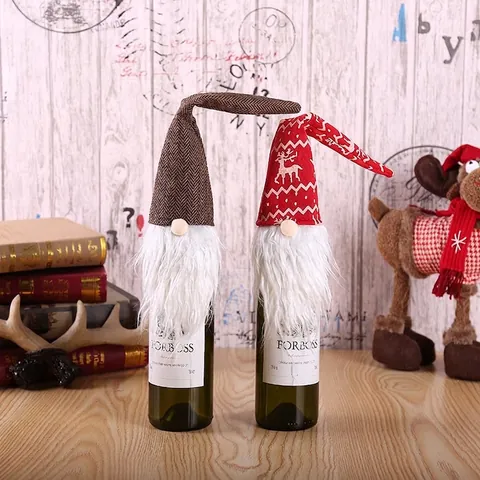 Funda para Botella de Vino de Navidad Diseño Gnomo de Bosque Reno Copo de Nieve Estampado Tela No Tejida Decoración de Mesa de Comedor Bolsa de Regalo