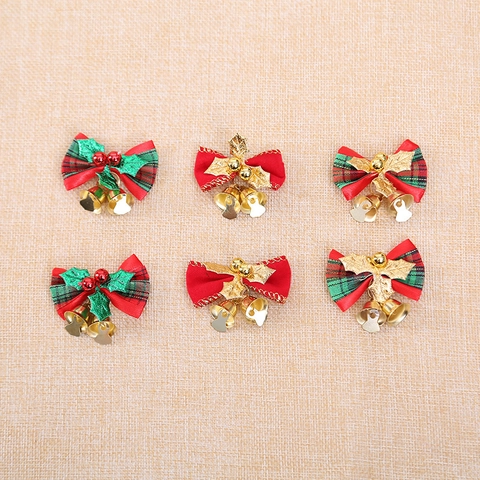 Christmas Tree Bowknot Hanging Ornaments With Golden Metal Bells Plaid Fabric Bows For Holiday Party Wreath Garland Decor