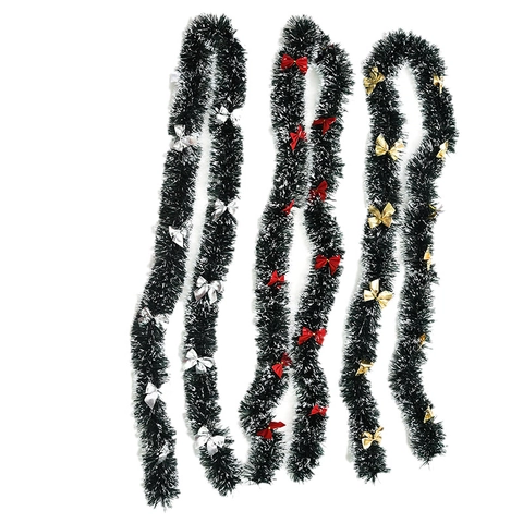 Christmas Tinsel Garland With Bowknots 2m Dark Green Snow Tipped Festive Hanging Ribbon For Christmas Tree Home Party Decoration