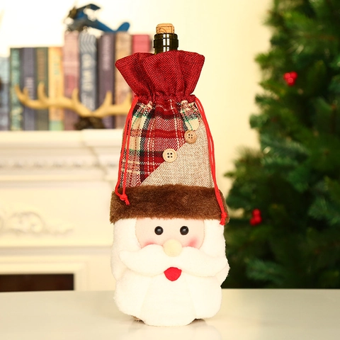 Weihnachts Weinflaschenhüllen Leinen Plüsch Karo Weihnachtsmann Schneemann Rentier Stile Dekorative Kordelzug Weinbeutel Für Party