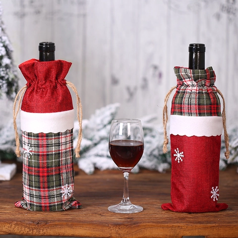 Weihnachten Weinflaschenhüllen Aus Sackleinen Karomuster Dekorative Geschenktüte Mit Schneeflocke Für Feiertags Abendessen Party Deko