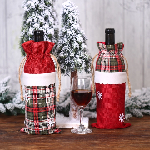 Weihnachten Weinflaschenhüllen Aus Sackleinen Karomuster Dekorative Geschenktüte Mit Schneeflocke Für Feiertags Abendessen Party Deko