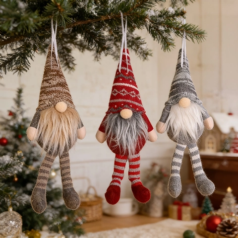 Handgefertigte Weihnachts Wichtel Plüsch Dekoration Waldmann Puppe Gestrickte Gestreifte Lange Beine Sitzende Ornament Weihnachtsbaum Anhänger