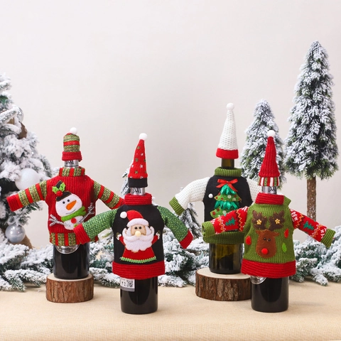 Christmas Wine Bottle Cover Sweater And Hat Knitted Reindeer Santa Snowman Tree Pattern Festive Table Decoration Gift