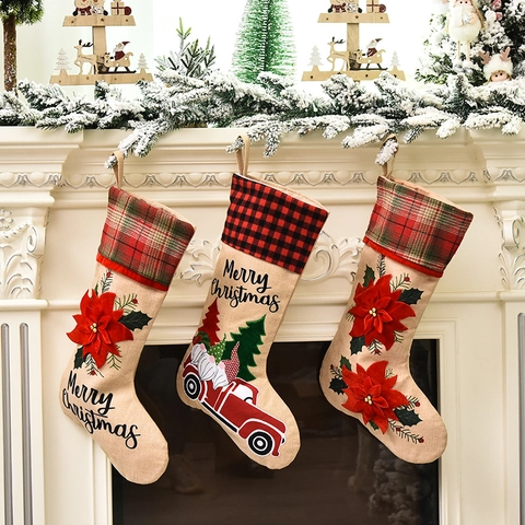 Weihnachtssocken Sackleinen Personalisiert Zwerg Roter Lkw Weihnachtsstern Applikation Merry Christmas Kamin Baum Deko