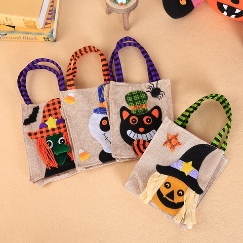 Halloween Cartoon Kürbis Skelett Schwarze Katze Leinen Tragetasche Kinder Geschenk Süßigkeitentüte Party Deko Requisite Burlap Tasche