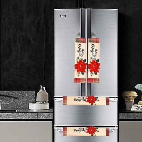 Christmas Fridge Handle Covers Poinsettia Plaid Kitchen Appliance Protector Microwave Oven Handle Decor Holiday Decoration