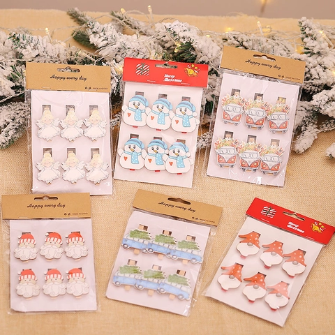 Christmas Wood Clips Cartoon Santa Snowman Gnome Pattern Photo Memo Holders Festive Holiday Home Decoration Desktop Clip