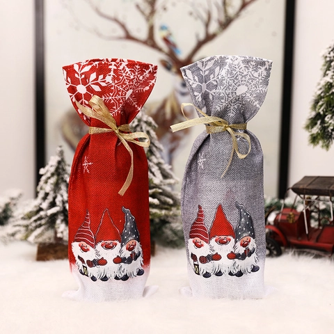 Christmas Gnome Wine Bottle Cover Printed Linen Burlap Red Wine Gift Bag With Golden Ribbon For Xmas Party Table Decor