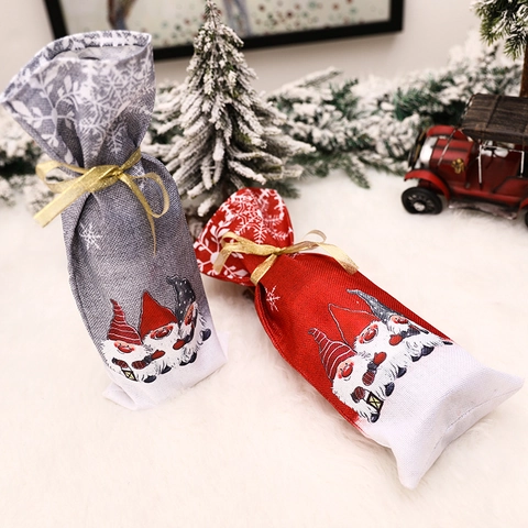Christmas Gnome Wine Bottle Cover Printed Linen Burlap Red Wine Gift Bag With Golden Ribbon For Xmas Party Table Decor