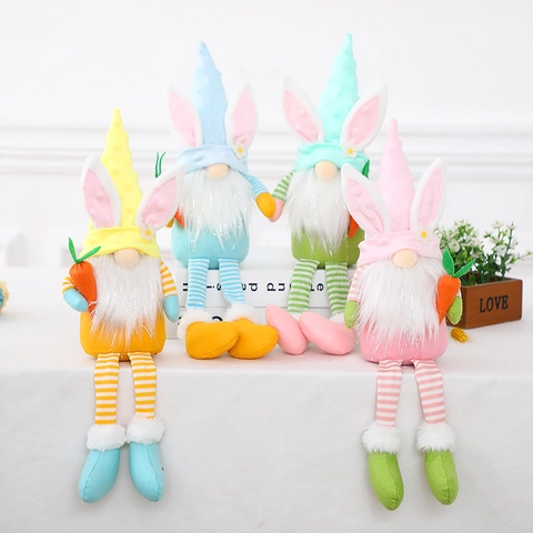 Osterhasen Gnom Plüschtier Lange Beine Kaninchen Gesichtslos Puppe Mit Karotte Strickstoff Ornamente Für Frühling Home Party Dekoration