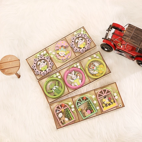 Creative Wooden Easter Hanging Ornaments For Home Party Decor Cartoon Rabbit Chick Frog Hollow Out Wood Crafts Holiday Gifts