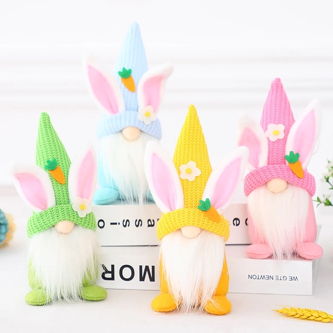 Poupée Peluche Gnome Lapin de Pâques Fait à la Main Tricoté Elfe Sans Visage Figurine Printemps Décoration de Table Maison