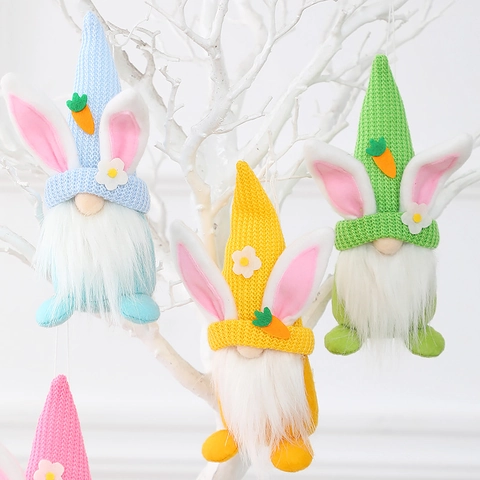 Poupée Peluche Gnome Lapin de Pâques Fait à la Main Tricoté Elfe Sans Visage Figurine Printemps Décoration de Table Maison