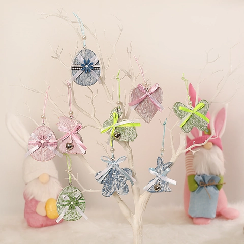 Ornamenti Appesi in Legno di Pasqua Vintage Distressed Coniglio Uovo Farfalla Ciondolo a Cuore Con Fiocco Perla Artificiale Casa