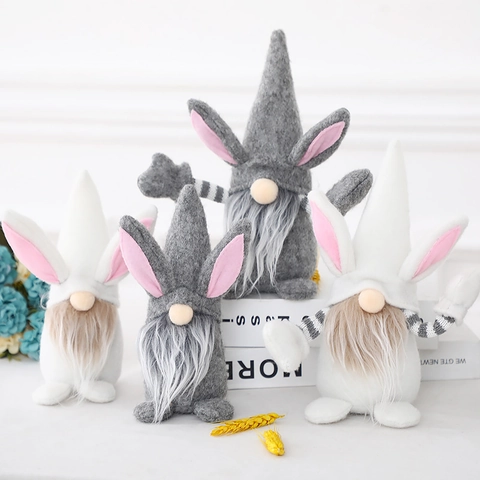 Gnomes Oreilles de Lapin de Pâques Poupée en Peluche Fait Main Gris Blanc Ornements d'Elfe Sans Visage pour Décoration Table
