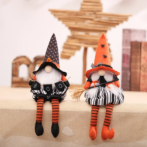 Halloween Long Legged Gnome Plush Doll For Home Party Decoration Witch Hat Broom Sitting Couple Elf Ornament Seasonal Table Centerpiece