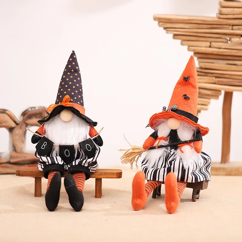Halloween Long Legged Gnome Plush Doll For Home Party Decoration Witch Hat Broom Sitting Couple Elf Ornament Seasonal Table Centerpiece
