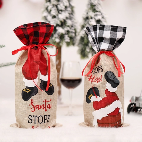 Christmas Wine Bottle Cover Burlap Sack With Plaid Drawstring Santa Claus Chimney Pattern For Restaurant Table Home Decor