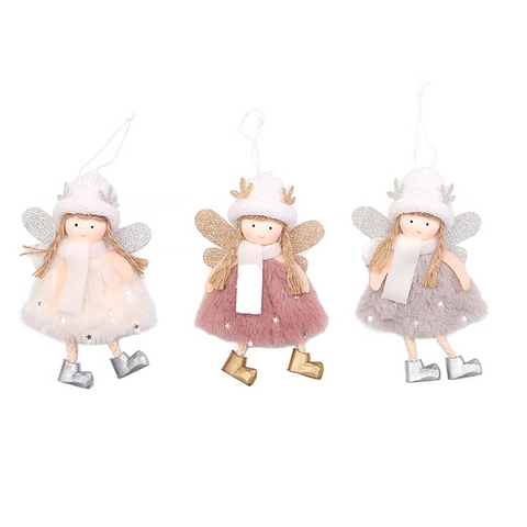 Plush Fabric Christmas Angel Girl Pendant With Wings Antlers For Christmas Tree Hanging Ornament Holiday Party Decor Gift