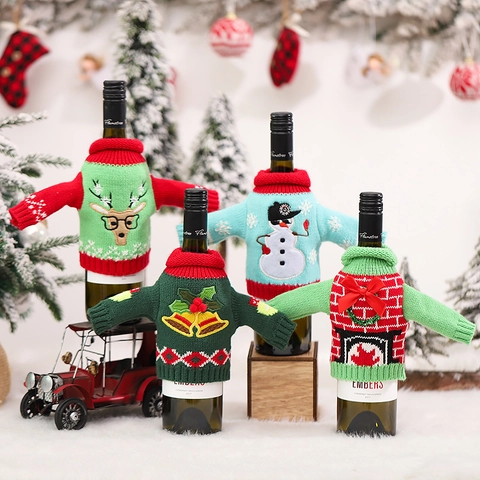Christmas Knitted Wine Bottle Covers Mini Sweater Wine Bottle Sleeves For Xmas Table Decor Reindeer Snowman Pattern Ornament