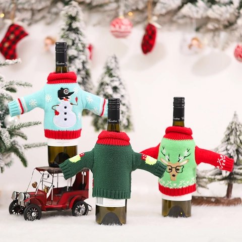 Christmas Knitted Wine Bottle Covers Mini Sweater Wine Bottle Sleeves For Xmas Table Decor Reindeer Snowman Pattern Ornament