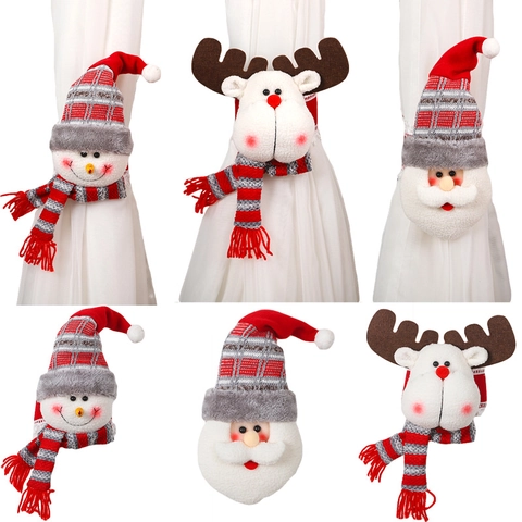 Christmas Fabric Curtain Tiebacks Santa Claus Snowman Reindeer Plush Curtain Hooks Xmas Window Decorations For Home Holiday Party Decor