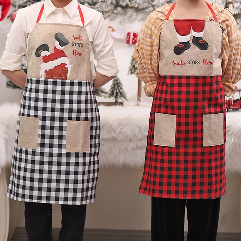 Grembiule Natalizio Babbo Natale Che Si Arrampica Sul Camino in Cotone Lino Buffalo Plaid Grembiule da Cucina Con Doppie Tasche Decorazione