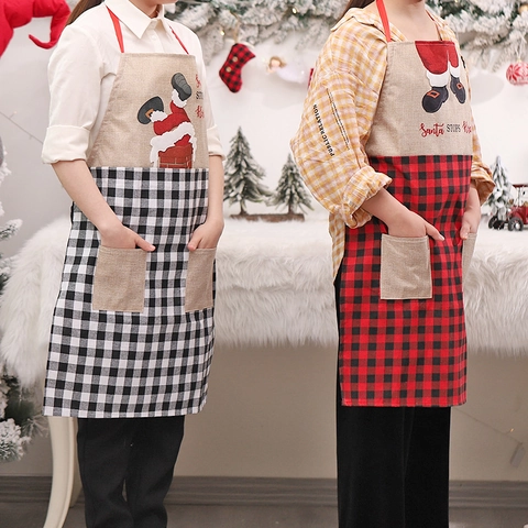 Christmas Santa Claus Climbing Chimney Apron Cotton Linen Buffalo Plaid Kitchen Apron With Double Pockets For Holiday Home Decor