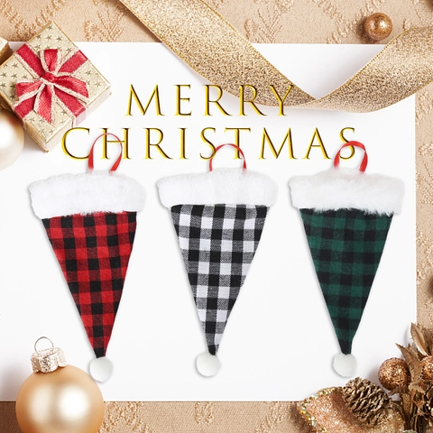 Portaposate Natalizio Quadretti Buffalo Forma Cappello Babbo Natale Bordo Peluche Tasca Posate Per Tavola Festa Decorazione