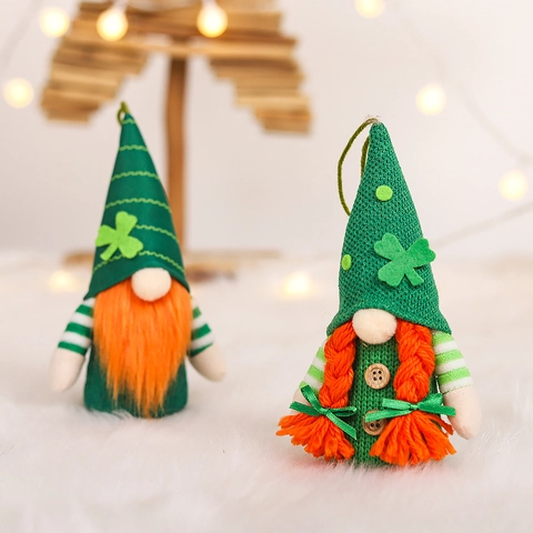 Colgantes Gnomos Peluche San Patricio Luz LED Verde Irlandés Trébol Tela Punto Pelo Artificial Muñeca Sin Rostro Decoración
