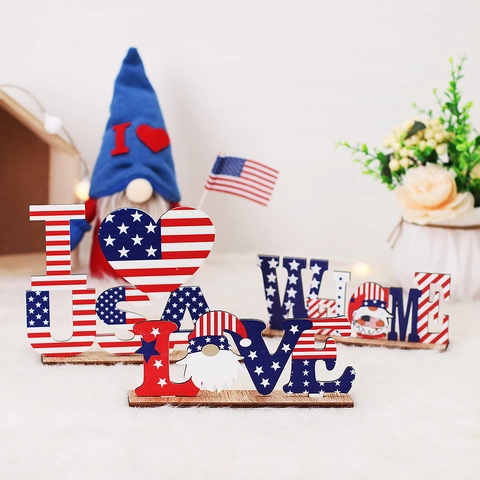 Panneau de Table en Bois Jour de l'Indépendance Drapeau USA Étoiles Rayures Nain Love Welcome Décoration Maison