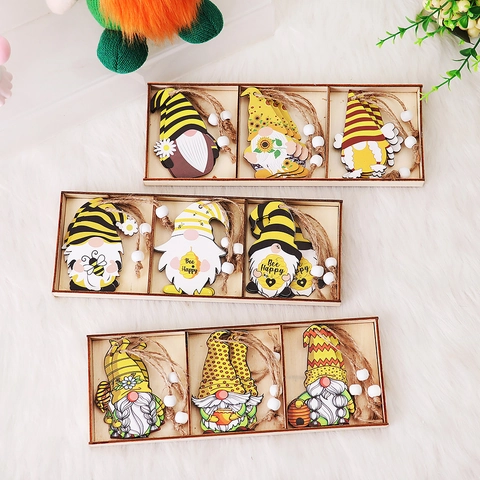 Juego de Decoraciones Colgantes de Madera con Gnomos del Festival de la Abeja Girasol Bee Happy Etiquetas de Madera Pintadas para Casa