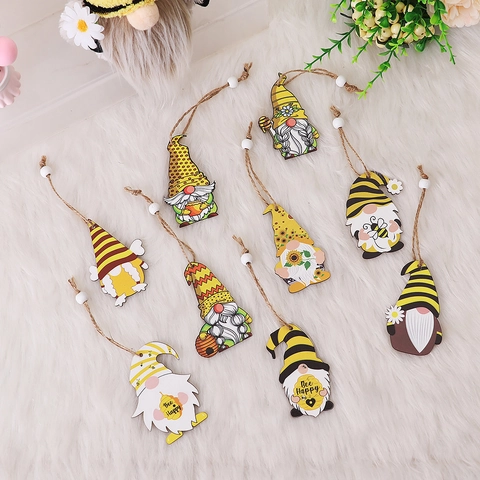 Juego de Decoraciones Colgantes de Madera con Gnomos del Festival de la Abeja Girasol Bee Happy Etiquetas de Madera Pintadas para Casa