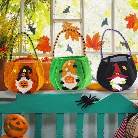 Borsa Tote per Caramelle Gnomo Cartoon Halloween Tessuto in Velluto Dorato Decorazione per Feste Cesto Regalo per Bambini