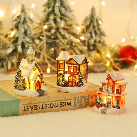 LED Luminous Christmas Village Snow House Resin Ornaments European Style Miniature Snowy Scene Desktop Decoration For Festive Home Party