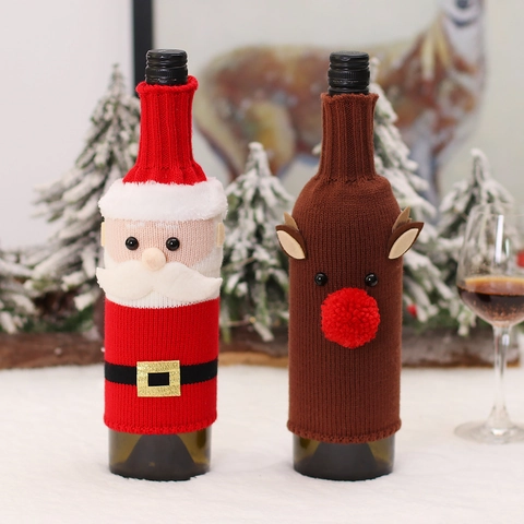 Housses de Bouteille de Vin en Tricot de Noël Design Père Noël Élan Renne pour Décorations de Table de Fête Cadeau de Noël
