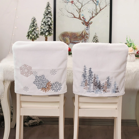 Christmas White Plush Chair Back Cover Faux Fur Dining Chair Protector With Snowflake Pine Tree Embroidery For Holiday Party Decor
