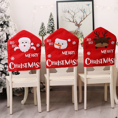 Christmas Chair Back Covers Santa Snowman Reindeer Pattern Red Linen Non-Woven Fabric Dining Room Party Decorations