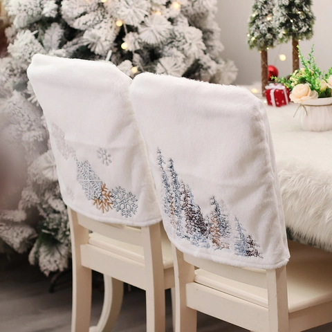 Christmas White Plush Chair Back Cover Faux Fur Dining Chair Protector With Snowflake Pine Tree Embroidery For Holiday Party Decor