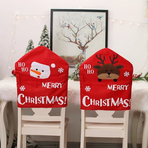 Christmas Chair Back Covers Santa Snowman Reindeer Pattern Red Linen Non-Woven Fabric Dining Room Party Decorations