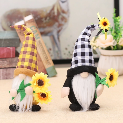 Sunflower Harvest Gnome Handmade Fabric Plush Gnome Doll Plaid Hat Nordic Tomte Ornament For Autumn Home Table Decoration