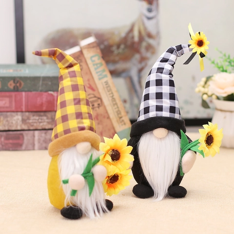Sunflower Harvest Gnome Handmade Fabric Plush Gnome Doll Plaid Hat Nordic Tomte Ornament For Autumn Home Table Decoration