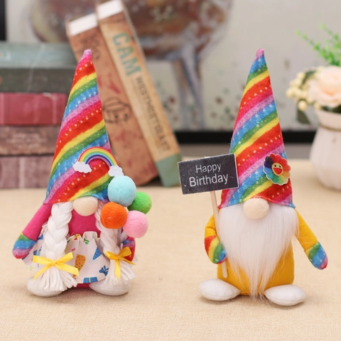 Handmade Rainbow Birthday Gnome Plush Doll With Colorful Stripe Hat Happy Birthday Sign Pom Poms Swedish Tomte Table Decor