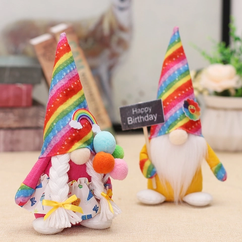 Handmade Rainbow Birthday Gnome Plush Doll With Colorful Stripe Hat Happy Birthday Sign Pom Poms Swedish Tomte Table Decor