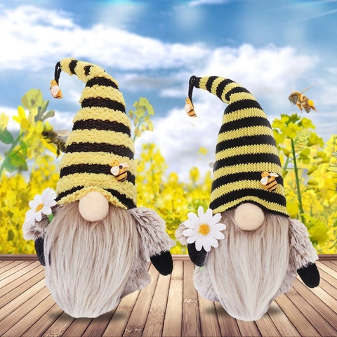 Bambola di Peluche Gnomo del Festival delle Api Cappello a Strisce Gialle Nere Rudolf Figurina Girasole per Decorazione Casa