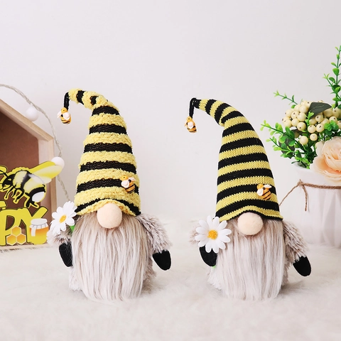 Bambola di Peluche Gnomo del Festival delle Api Cappello a Strisce Gialle Nere Rudolf Figurina Girasole per Decorazione Casa