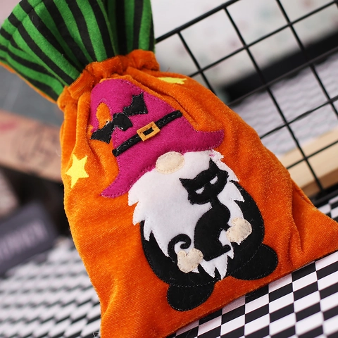 Halloween Velvet Gnome Drawstring Gift Bag Candy Pouch With Witch Hat Pumpkin Black Cat Design Holiday Party Favors Storage Bag