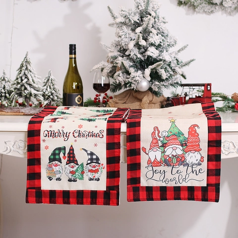 Christmas Table Runner Gnomes Buffalo Plaid Cotton Linen Burlap Holiday Home Kitchen Dining Room Table Decor