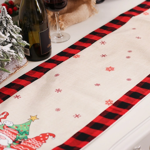 Camino de Mesa Navideño Gnomos Cuadros Búfalo Algodón Lino Arpillera Decoración de Mesa para Hogar Cocina Comedor